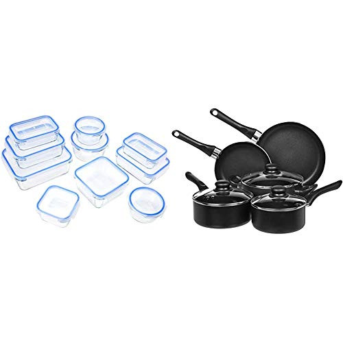 10x Recipientes de cristal para alimentos + batería de cocina 5 piezas antiadherentes Amazon Basics