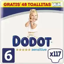 117 Pañales Dodot Pañales Bebé Sensitive Talla 6 + 1 Pack de 48 Toallitas Gratis