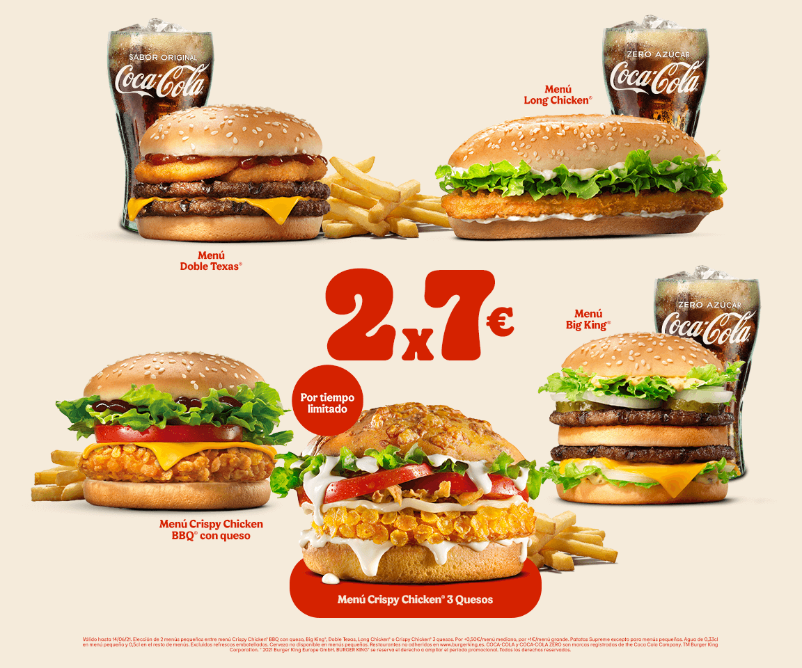 2 menús pequeños por 7€ en Burger King (válido en pedidos en Auto King, para llevar y en restaurante)