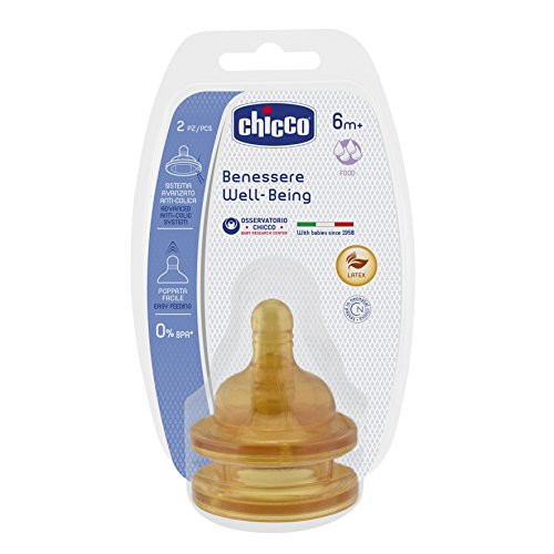 2 unidades de Tetina de látex anticólicos con flujo rápido para bebé de 6+ meses Chicco Wellbeing