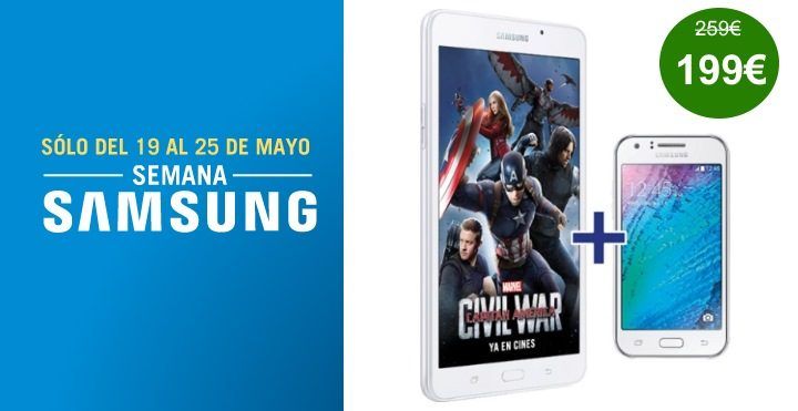 Tablet Galaxy Tab A7 Especial Marvel + Smartphone Galaxy J1 solo 199€