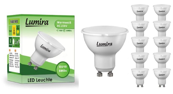 ¡Chollazo! 10 focos LED Lumira (GU10, 7W, 640lm) sólo 15€ (70% descuento)