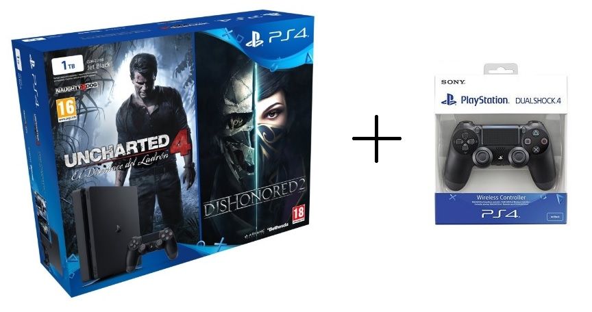 ¡Oferta! PS4 Slim 1TB + 2 mandos + Uncharted 4 + Dishonored 2 sólo 309€