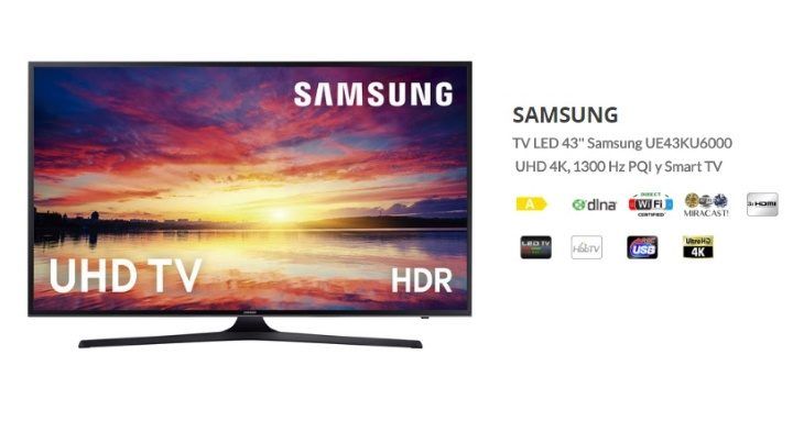 ¡Chollo! Smart TV Samsung UE43KU6000 4K 43" 1300Hz sólo 389€ (Ahorra 80€)