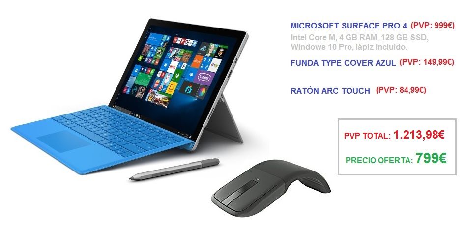 ¡Chollo! Microsoft Surface Pro 4 + funda con teclado + ratón sólo 799€