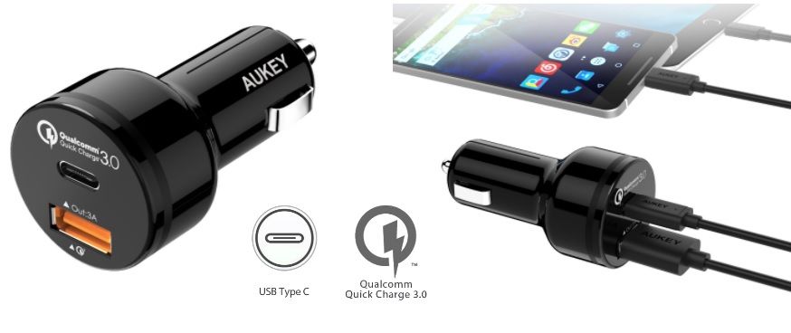 ¡Cupón! Cargador de coche Aukey USB QC3.0 + USB Type C sólo 10,99€