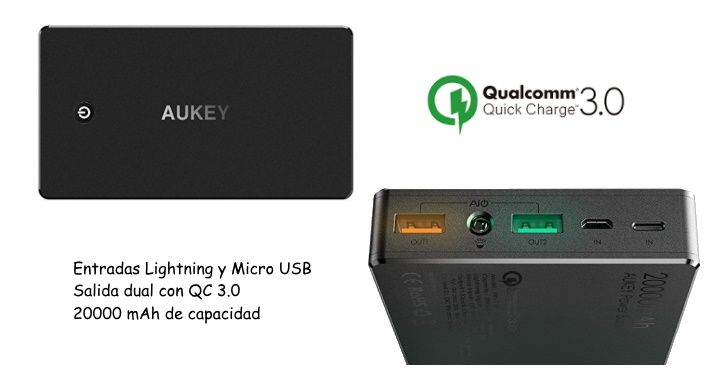 ¡Cupón! Batería externa 20000mAh carga rápida QC3.0 Aukey sólo 22,99€ (ahorra 12€)