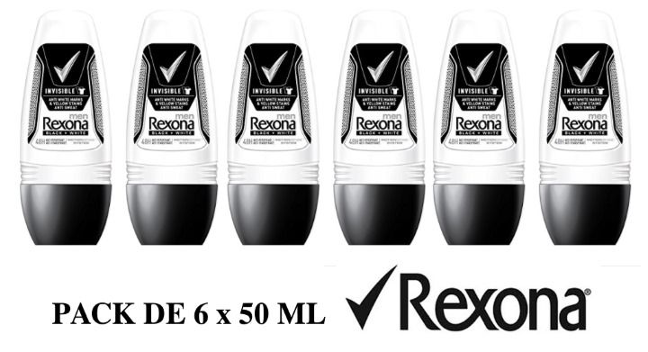 Pack 6 desodorantes roll-on Rexona Invisible B&W for men sólo 8,88€