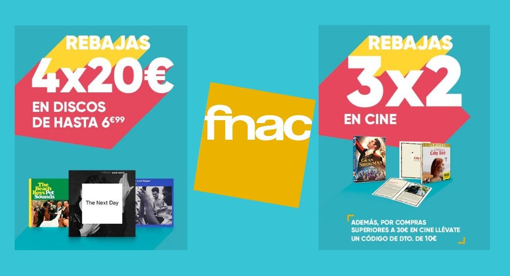 4x20€ en disco de música y 3x2 en cine + cupón 10€ hasta el 31 de julio en Fnac