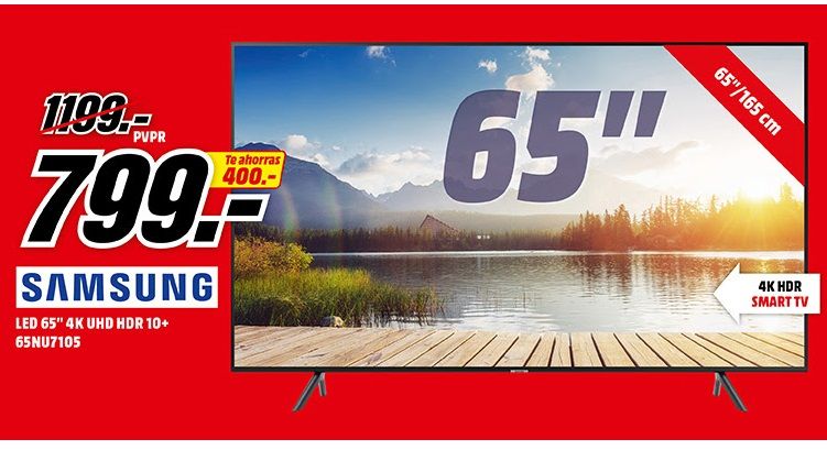 Televisor 65" Ultra HD 4K Samsung UE65NU7105 por 799€ ¡400€ de descuento!