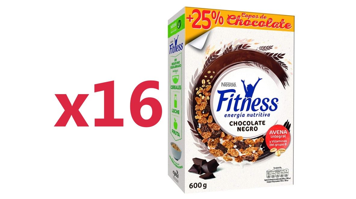 ¡Chollo! 16 Cajas de Cereales Nestle Fitness Chocolate Negro por sólo 38,31€ (2,39€/unidad)