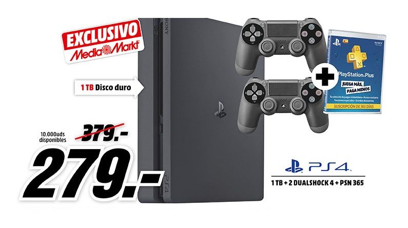 diamante Llevar Intervenir Consola PS4 1TB + 2 mandos + PlayStation Plus 1 año por sólo 279€