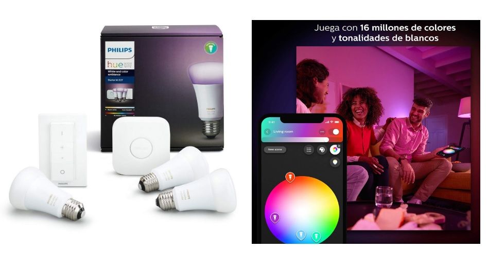 ¡Chollazo! Kit inteligente Philips Hue 3 bombillas RGB + puente + mando sólo 99,95€ (PVP 199€)