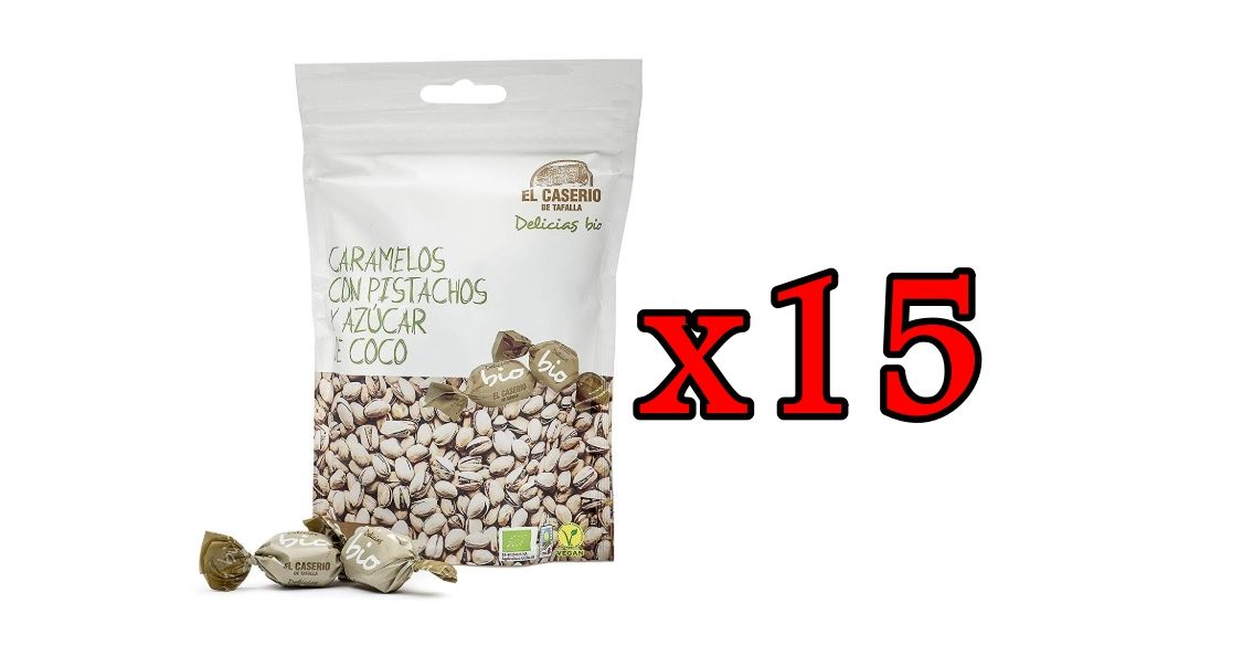 ¡Chollazo! 15 Bolsas de caramelos de pistachos y azúcar de coco El Caserio por sólo 13,72€ (antes 42,05€)