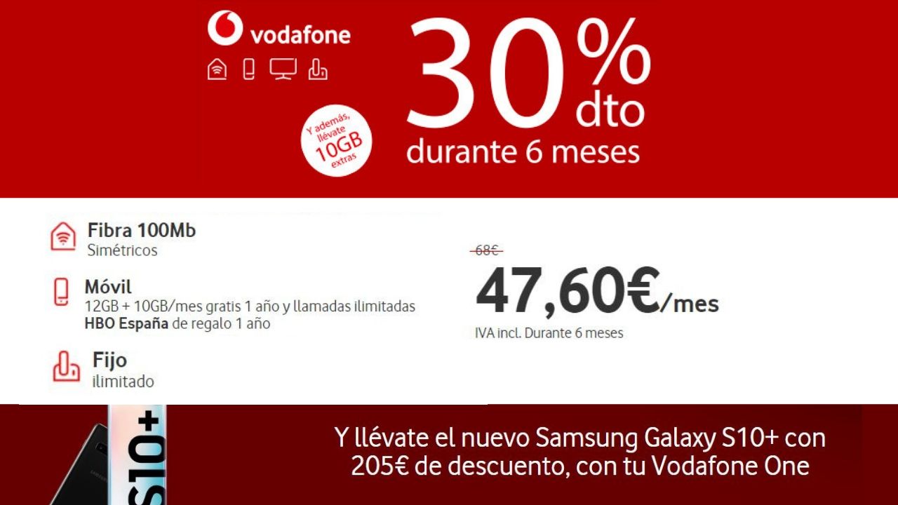 Vodafone One (fibra+móvil+TV+fijo) con 30% dto durante 6 meses y 10GB/mes gratis 1 año