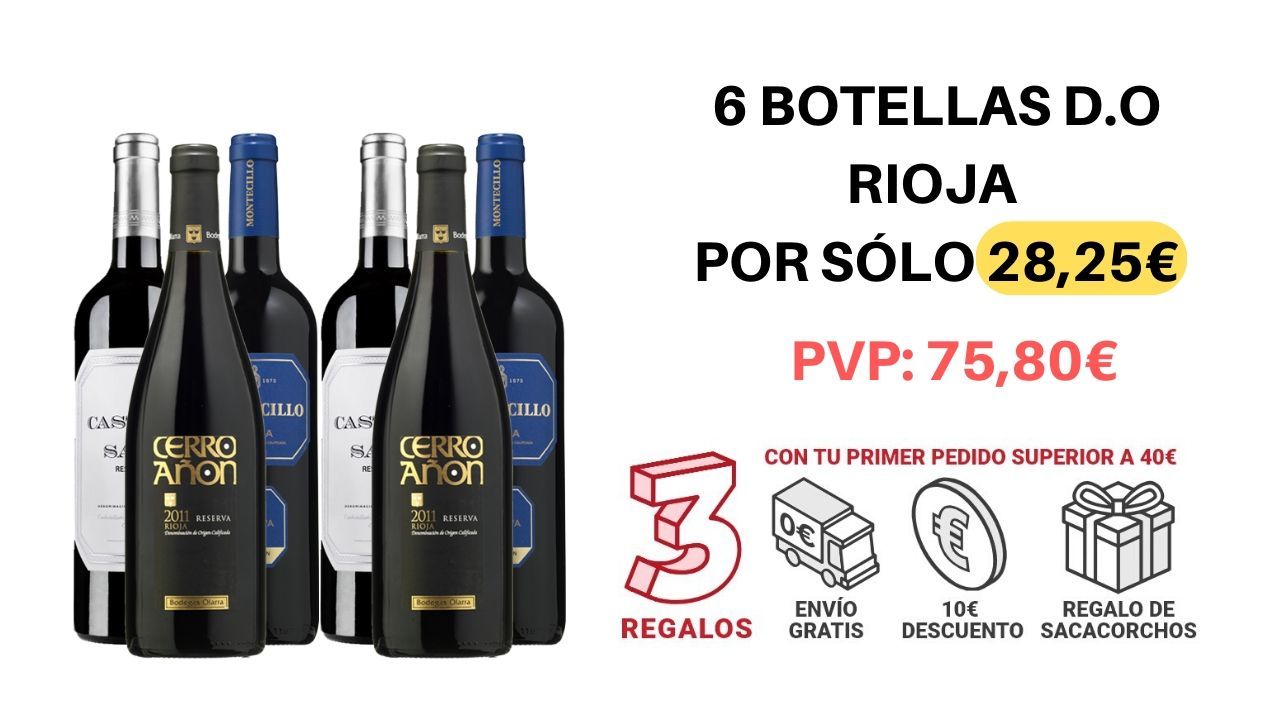 ¡CHOLLAZO! 6 botellas de vino D.O. Rioja Reserva + regalo + envío gratis por sólo 28,25€ (PVP 75,80€)
