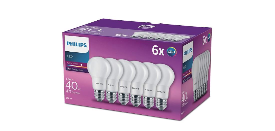 Pack de 6 bombillas LED E27 5.5W 470lm Philips