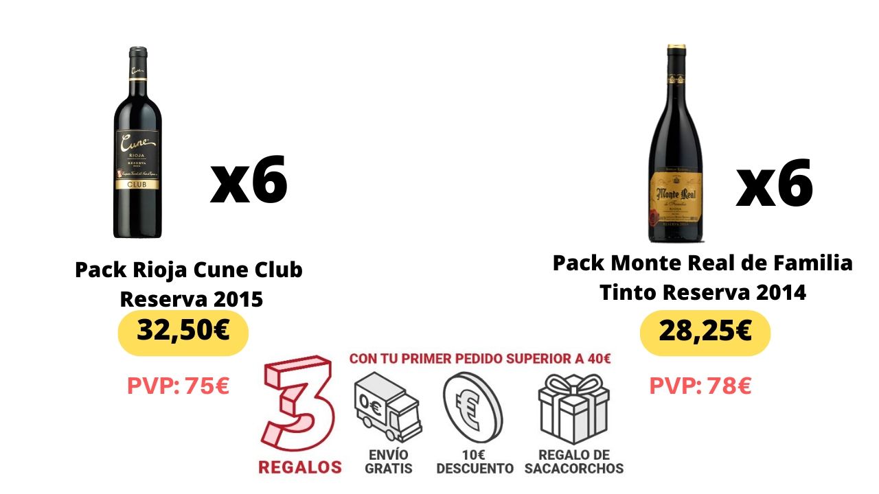 ¡BRUTAL! Pack de 6 botellas Rioja Reserva Monte Real o Cune Club desde 28€ (PVP 78€)