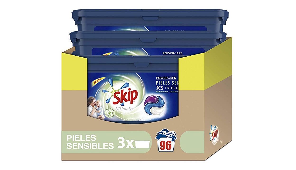 ¡Chollazo! 96 cápsulas lavadora Skip Ultimate Triple Poder Pieles Sensibles por sólo 15,36€