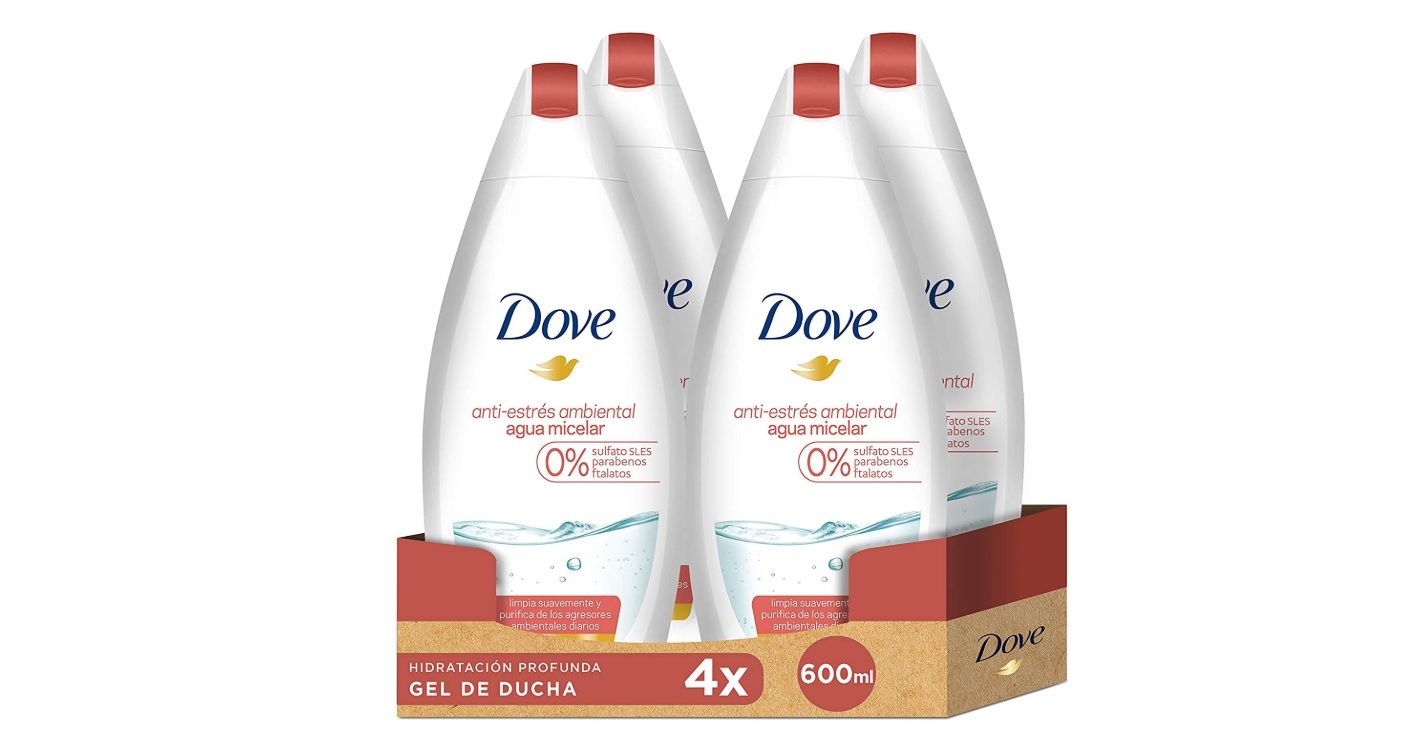 ¡Chollo! Pack de 4 envases de Dove gel de ducha agua micelar anti estrés por sólo 9,57€ (antes 13,96€)