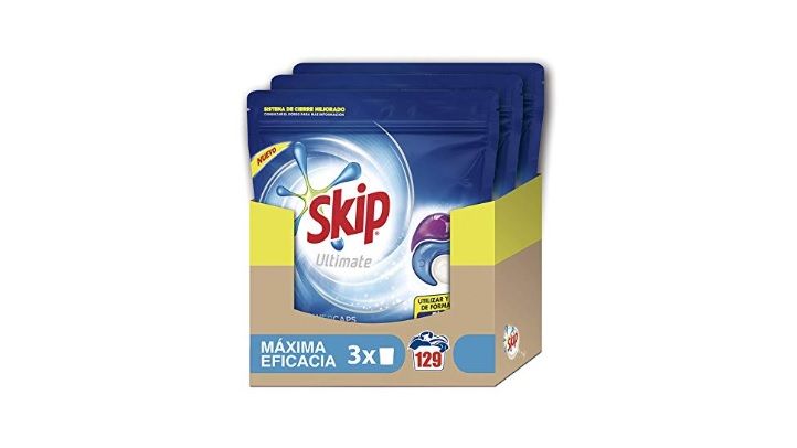 Pack 129 cápsulas lavadora Skip Ultimate Triple Poder Máxima Eficacia por 25,95€ (dto al tramitar pedido)