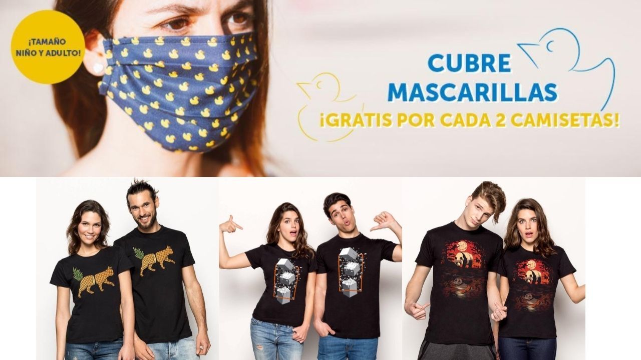 ¡Cupón! 2 camisetas + REGALO Mascarilla tela con diseños originales 15,84€