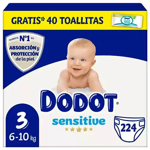 224 Pañales Dodot Bebé Sensitive Talla 3 + Pack 40 Toallitas Gratis (A 0,21€ el pañal)