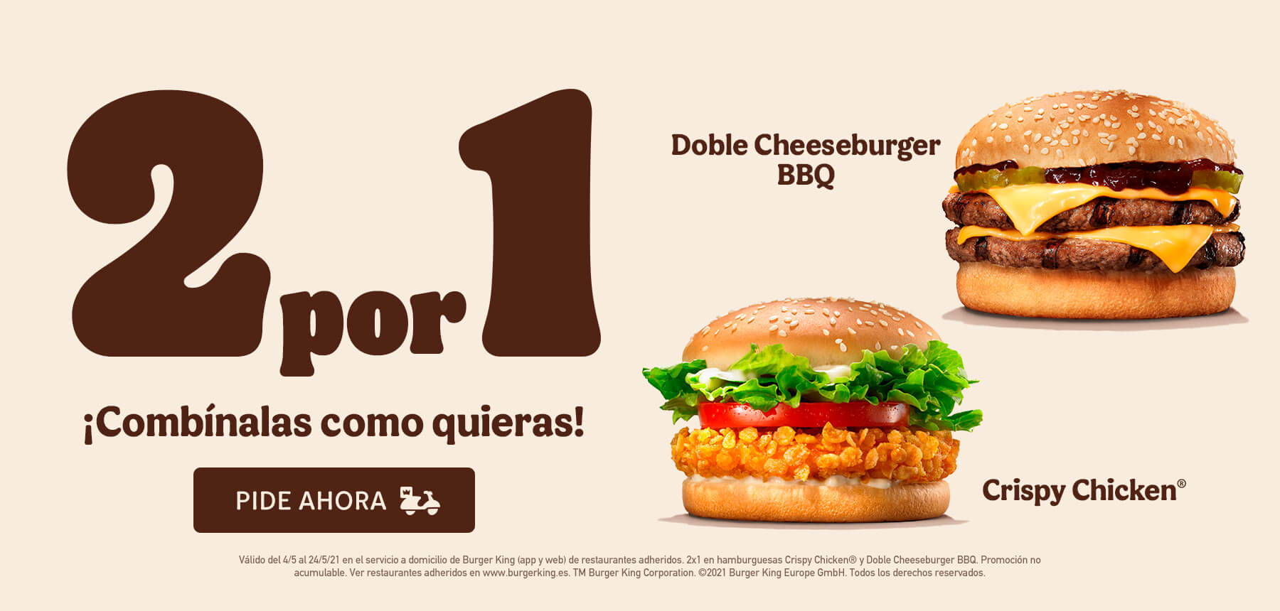 2x1 en hamburguesas Crispy Chicken y Doble Cheeseburger BBQ en pedidos en el servicio a domicilio de Burger King (App y web)
