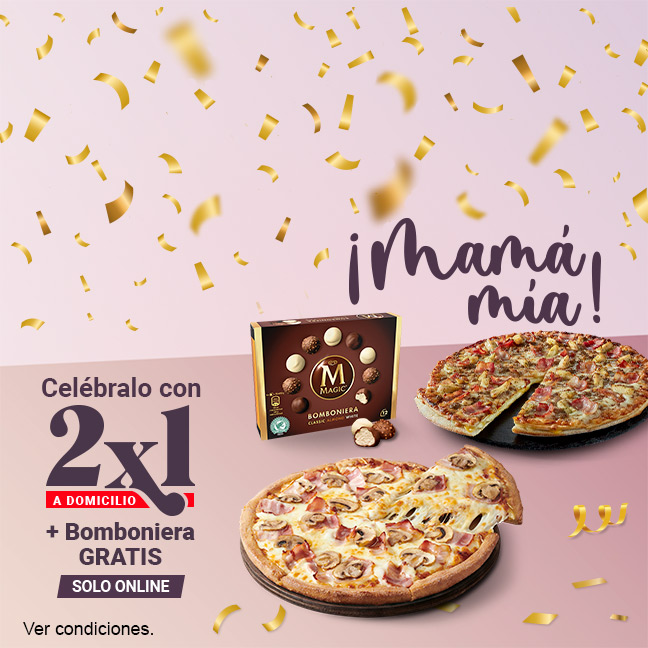 2x1 en pizzas medianas o familiares + caja de bombones helados Magnum Bomboniera (12 uds.) gratis en pedidos en el servicio a domicilio de Telepizza