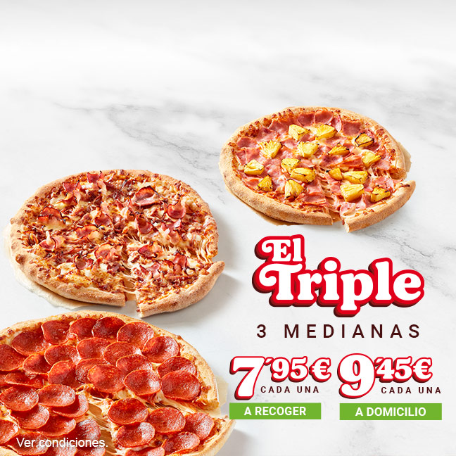 3 pizzas medianas hasta 5 ingredientes (masa fina o clásica) por 7,95€ cada una (a recoger) o por 9,45€ cada una (a domicilio), o 3 pizzas familiares hasta 5 ingredientes (masa fina o clásica) por 11,95€ cada una (a recoger) o por 12,95€ cada una (a dom.)