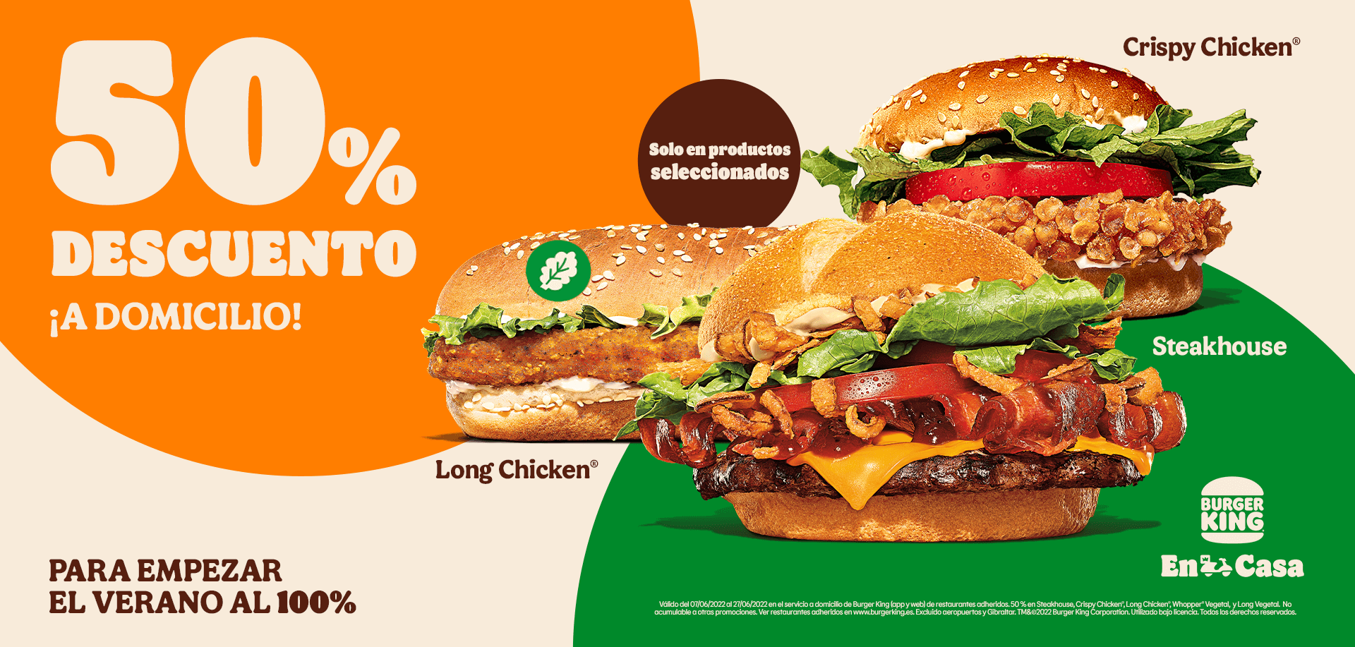 50% de descuento en las hamburguesas Steakhouse, Crispy Chicken, Long Chicken, Whopper Vegetal y Long Vegetal en pedidos en el servicio a domicilio de Burger King (app y web)