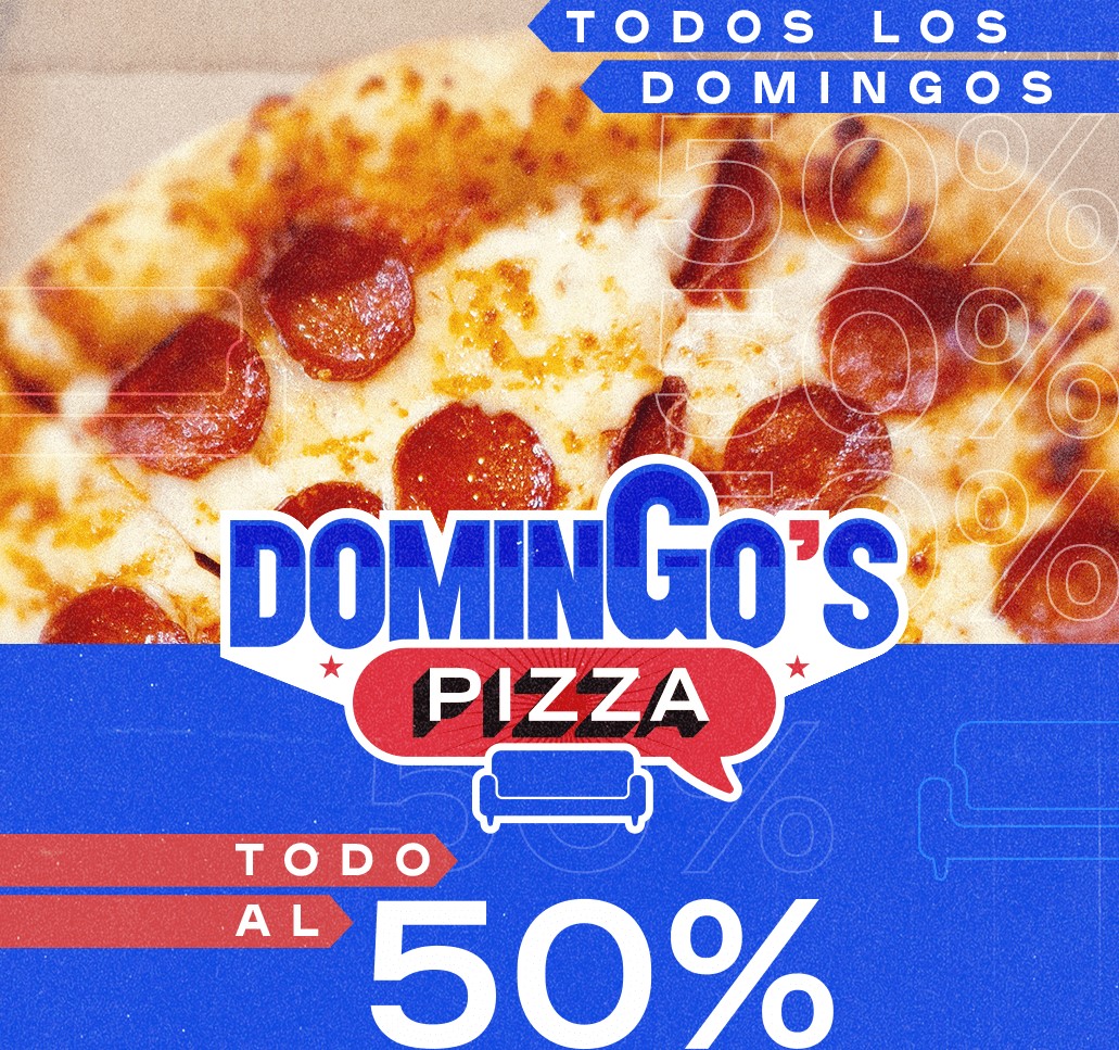 50% de descuento en todos los productos en pedidos a domicilio en la página web o App de Domino's Pizza (oferta válida los domingos)