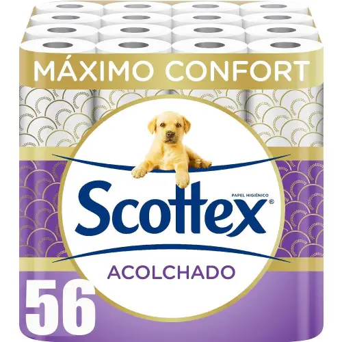 56 rollos Papel higiénico Scottex Acolchado (7 paquetes de 8 rollos)