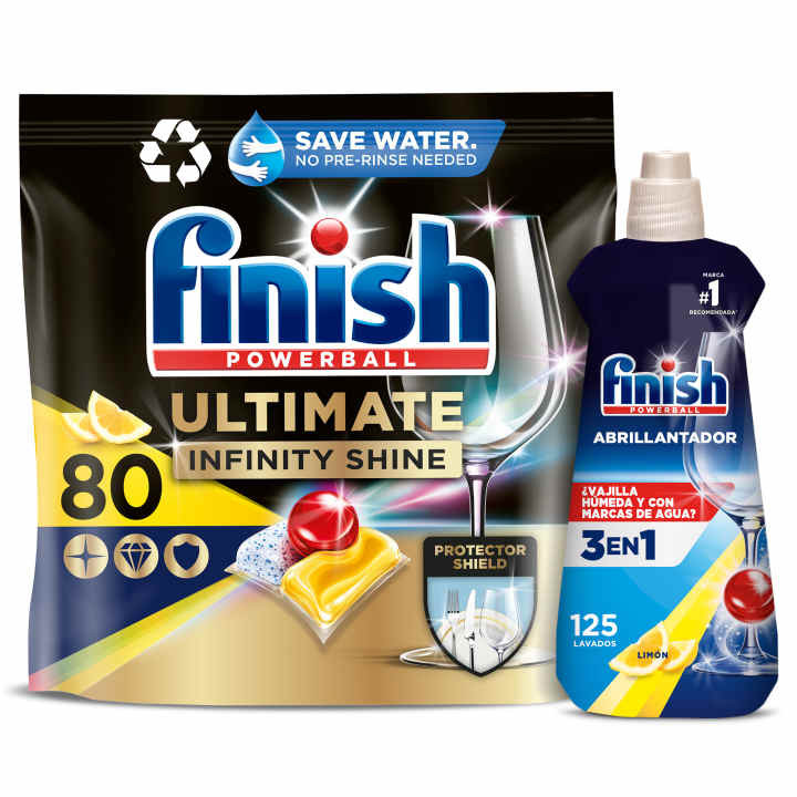 80 pastillas Finish Quantum Ultimate Infinity Shine Limón + Abrillantador Limón 500ml