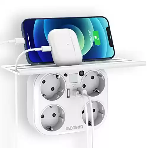 Adaptador con 4 enchufes + 3 USB + estante