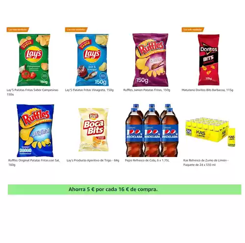 Ahorra 5 € por cada 16 € de compra en una selección de aperitivos, snacks y bebidas de Amazon