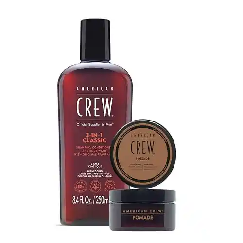American Crew Holiday Duo Shampoo, Acondicionador y Gel de Baño 250ml + cera para el pelo Pomade 50g