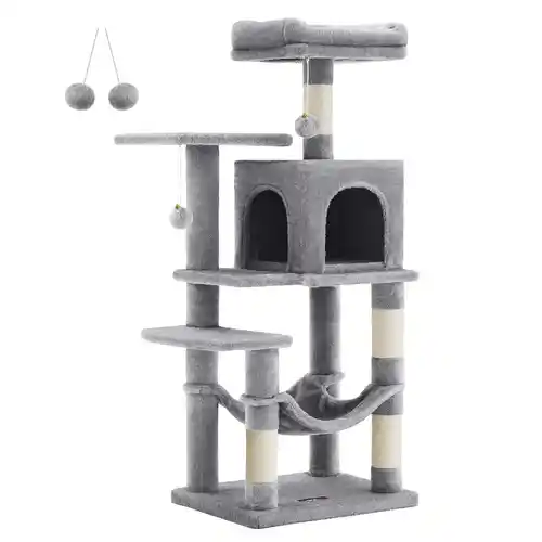 Árbol rascador 112cm para gatos con hamaca y cueva