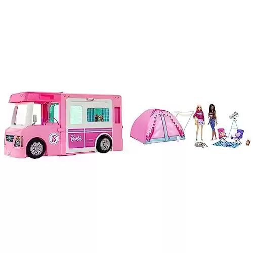 Barbie Caravana para Acampar 3 en 1 con 2 muñecas, Piscina, camioneta, Barca y 5 Accesorios