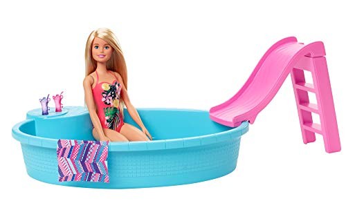 Barbie muñeca rubia de 30 cm con piscina, tobogán y accesorios