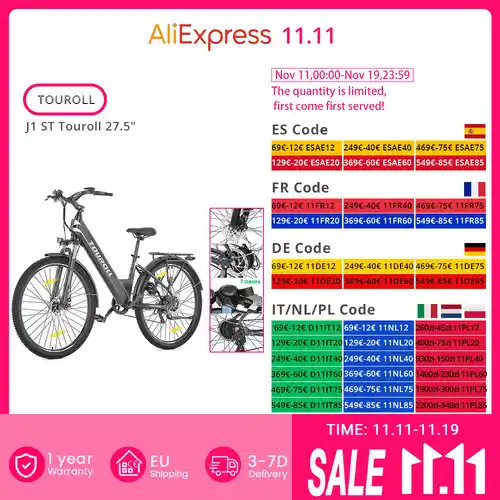 Bicicleta eléctrica J1 ST Touroll 27.5" hasta 100 km de autonomía