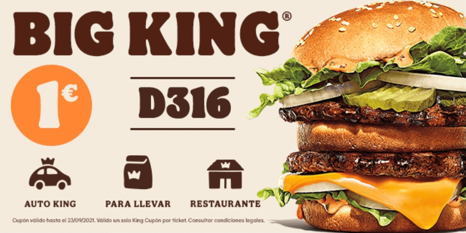 Big King por 1€ en Burger King (válido para pedidos en Auto King, para llevar y en restaurante)