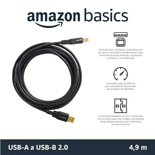 Cable de 4.8 metros USB 2.0 de Tipo USB-A a Tipo USB-B Amazon Basics