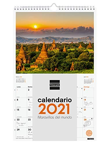Calendario de pared 2021 Finocam "Maravillas del mundo", con apartados para notas