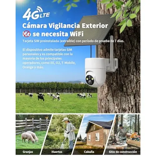 Cámara Vigilancia Exterior 4G LTE con Panel Solar, Impermeable, sin WiFi, sin cables