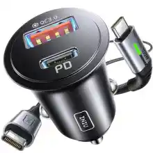 Cargador de coche 60W con 2 puertos y cable incluido.