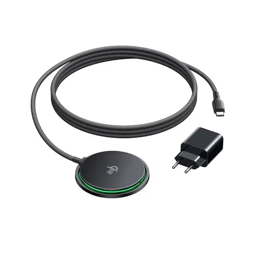 Cargador Inalámbrico 15W Qi2 con Cable USB-C y Adaptador.