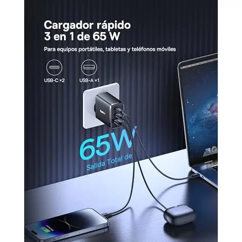 Cargador USB C GAN Multipuerto 2x USB C y USB A - Baseus 65W