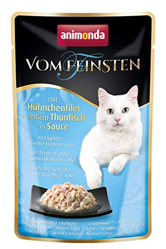 Comida húmeda para gatos adultos en bolsitas, con filete de pollo + atún claro en salsa, 18 x 50 g