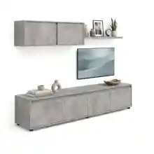 Conjunto de salón mueble TV 200cm con módulo suspendido y balda mural (cemento)